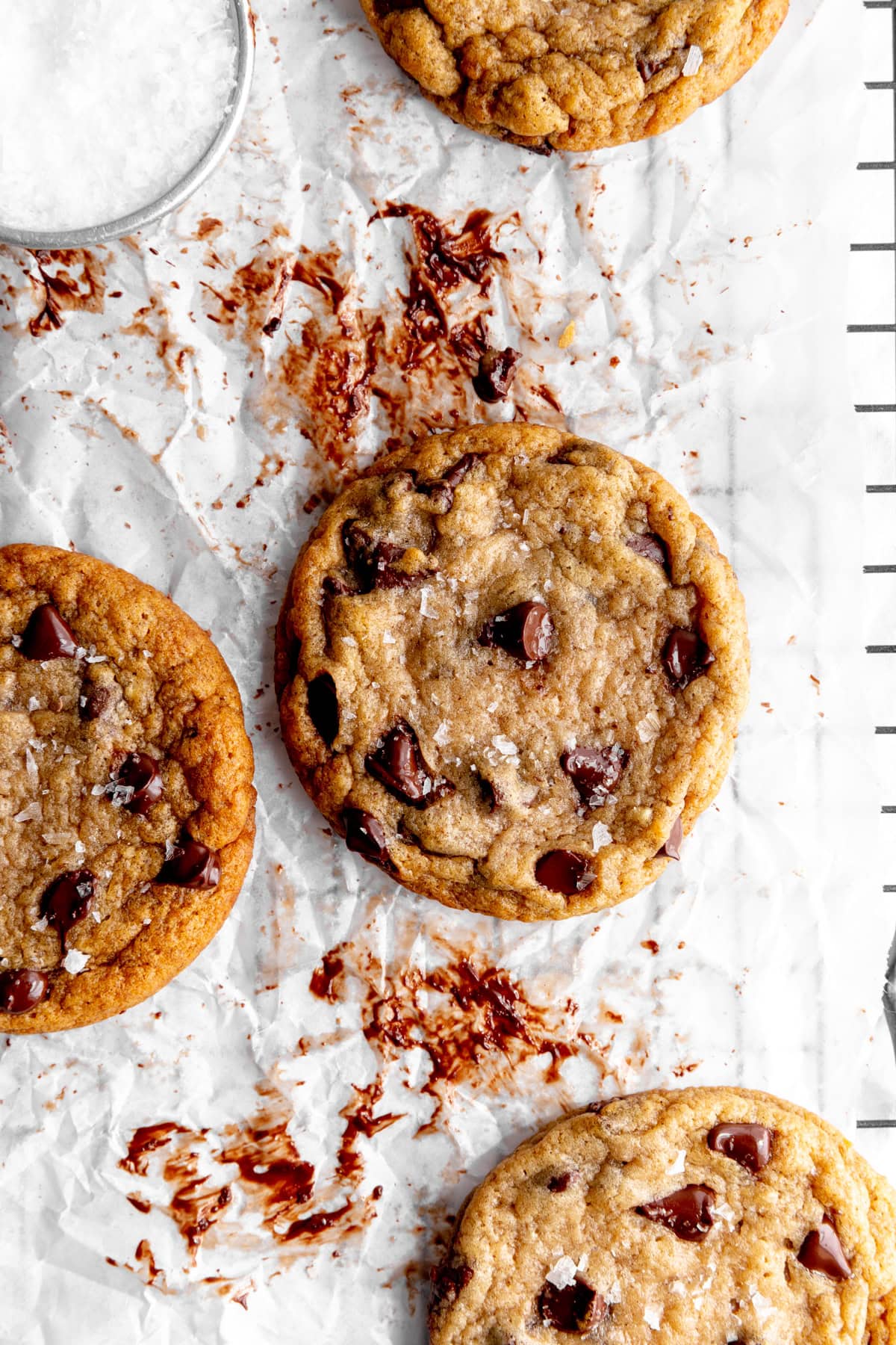 Banana chocolate chip cookie and smeared, melted chocolate.