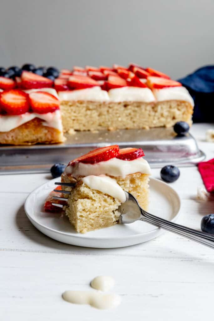 Fork cutting into a slice of flag cake.