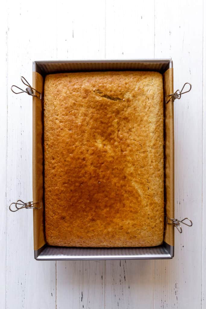 Baked cake in a rectangle pan.