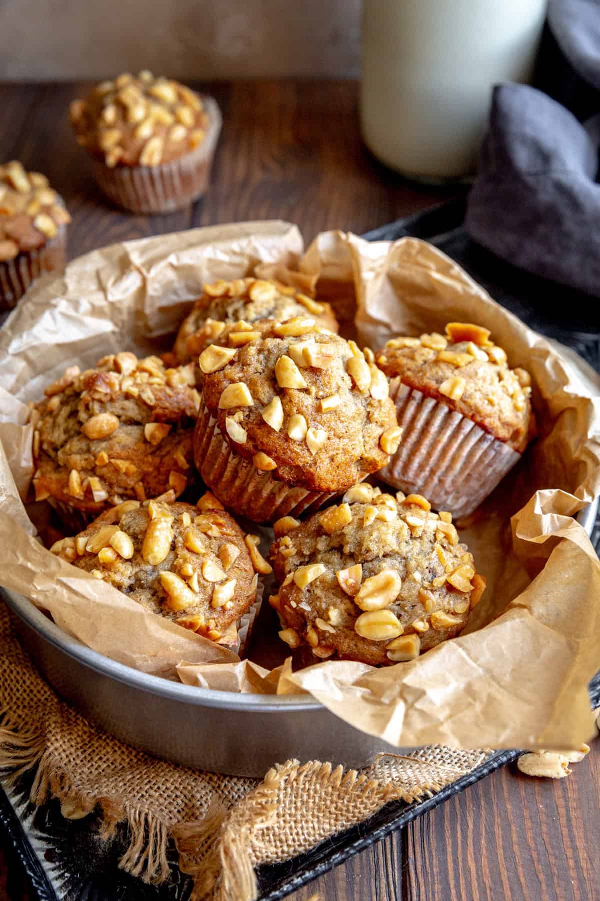 Peanut butter banana muffins in a round pan.