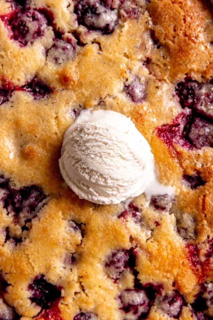 Blackberry cobbler topped with a scoop of vanilla ice cream.