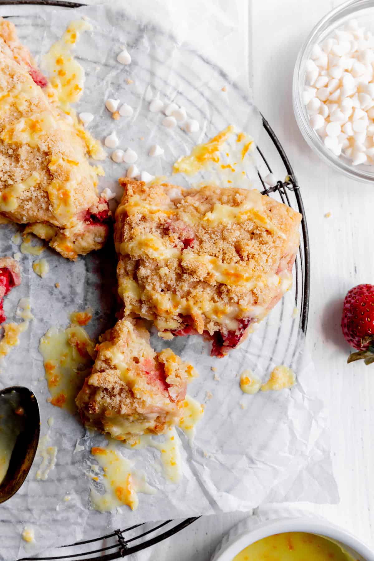 Strawberry rhubarb scone that has been split in half.
