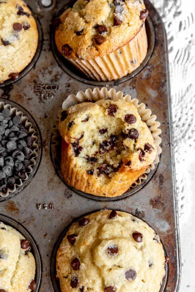 Chocolate chip muffin with a bite taken out of it sitting in a muffin pan.