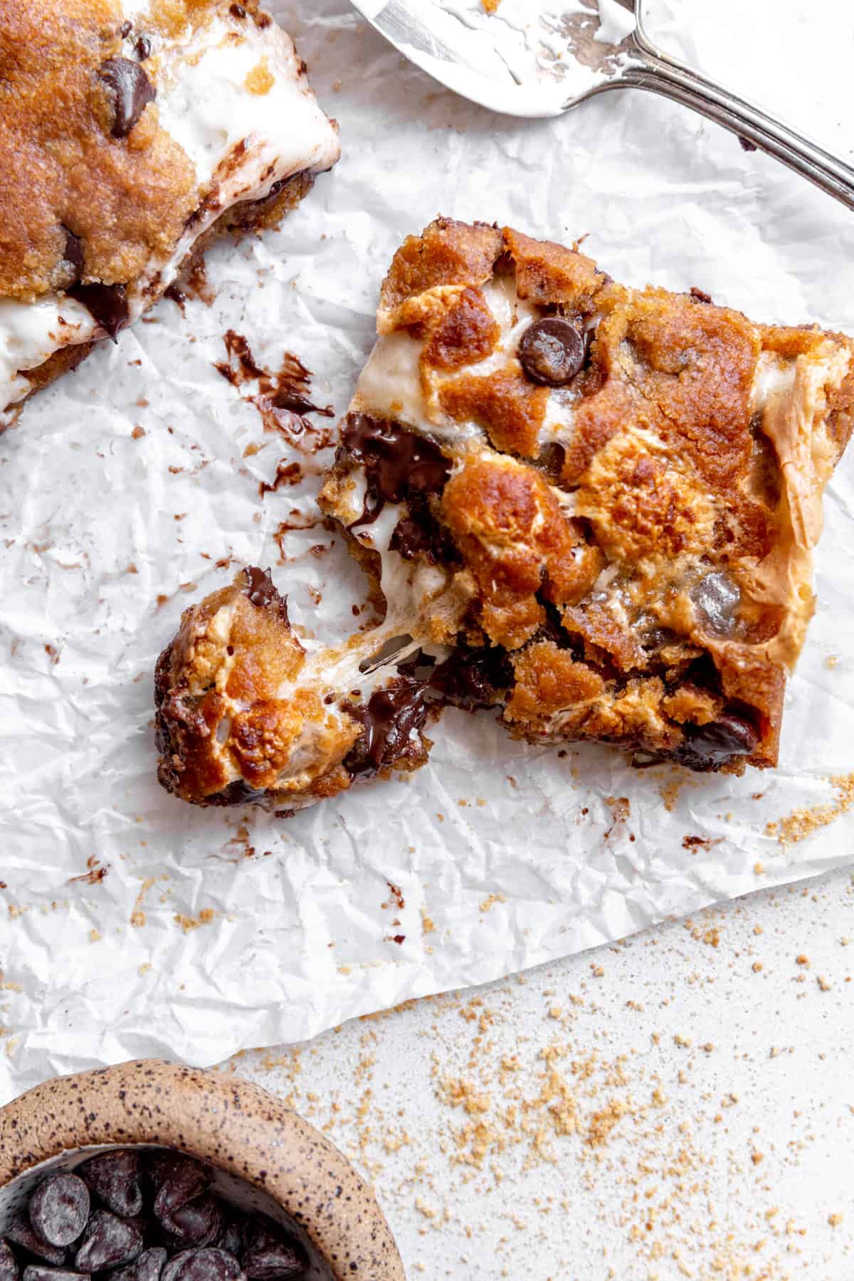 S'mores bar being pulled apart.