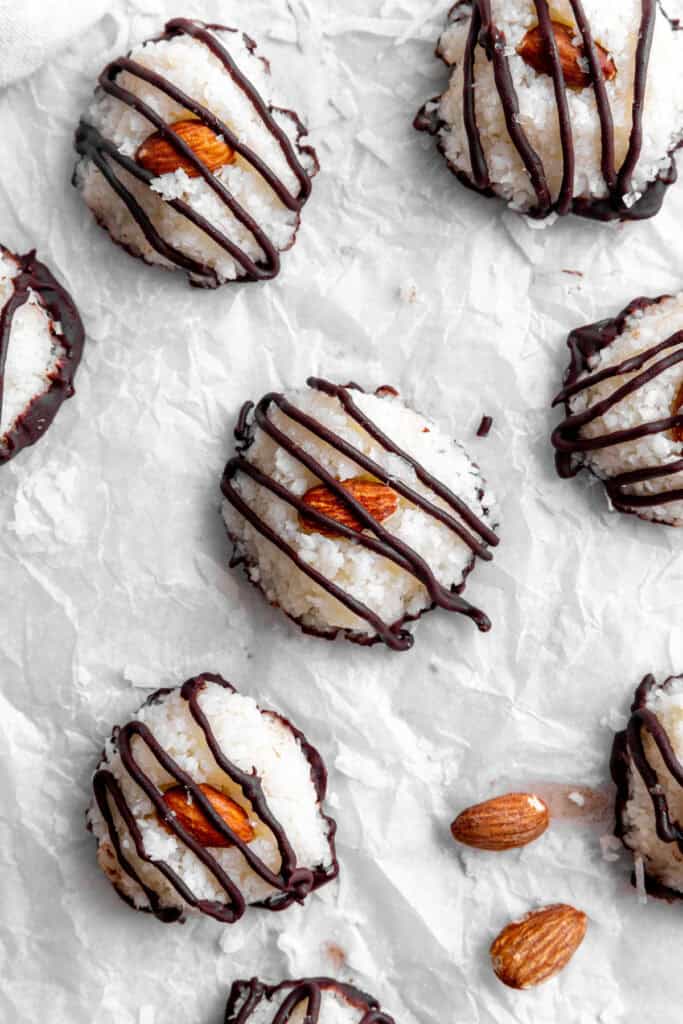 Almond joys and scattered almonds.