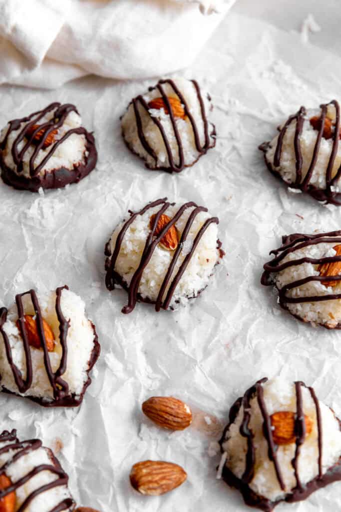Almond joy bites and a white linen napkin.
