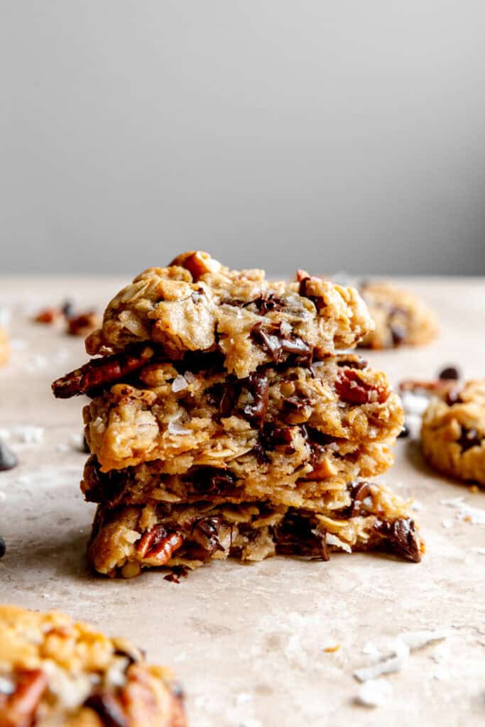 Stack of cowboy cookies.