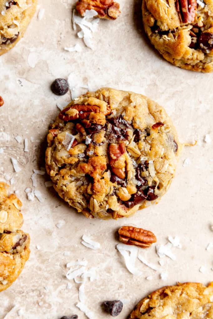 Cowboy cookie topped with flaky salt.
