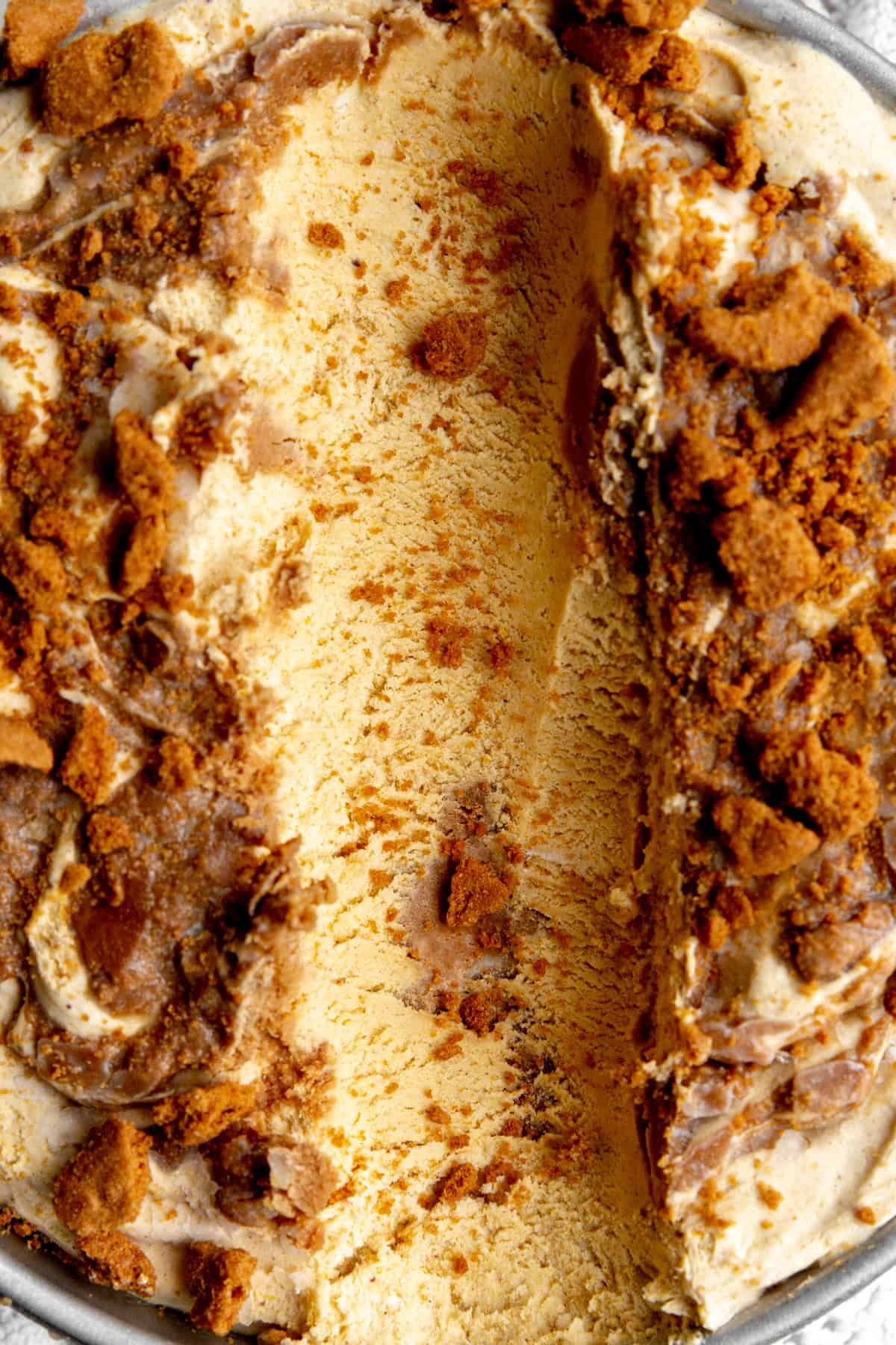 Pumpkin spice ice cream topped with speculoos cookies.