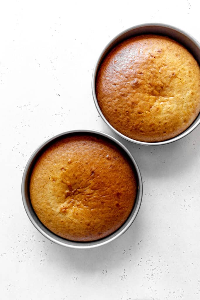 Two baked cake layers in round pans.