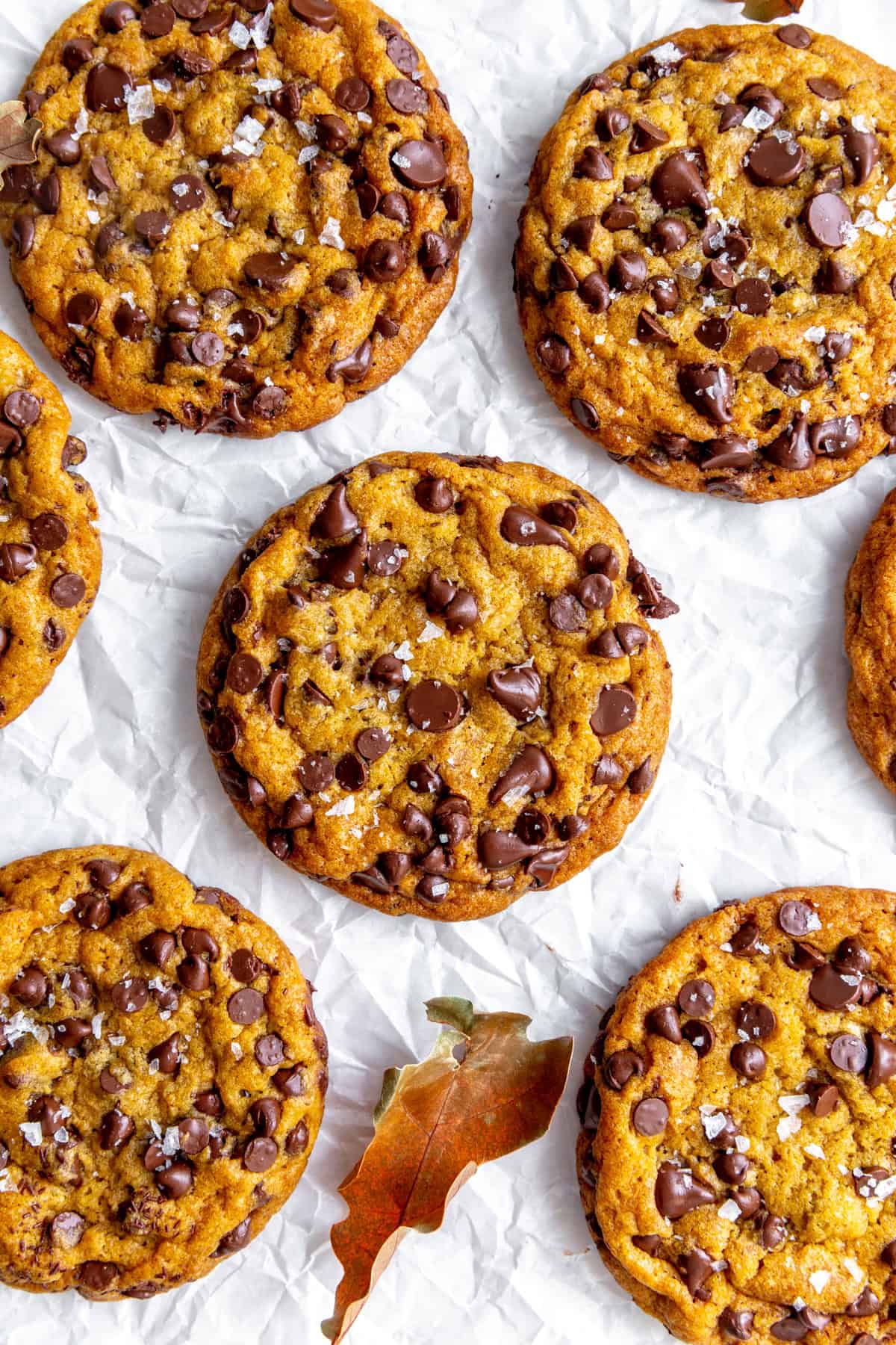 Pumpkin chocolate chips cookies topped with flaky salt.