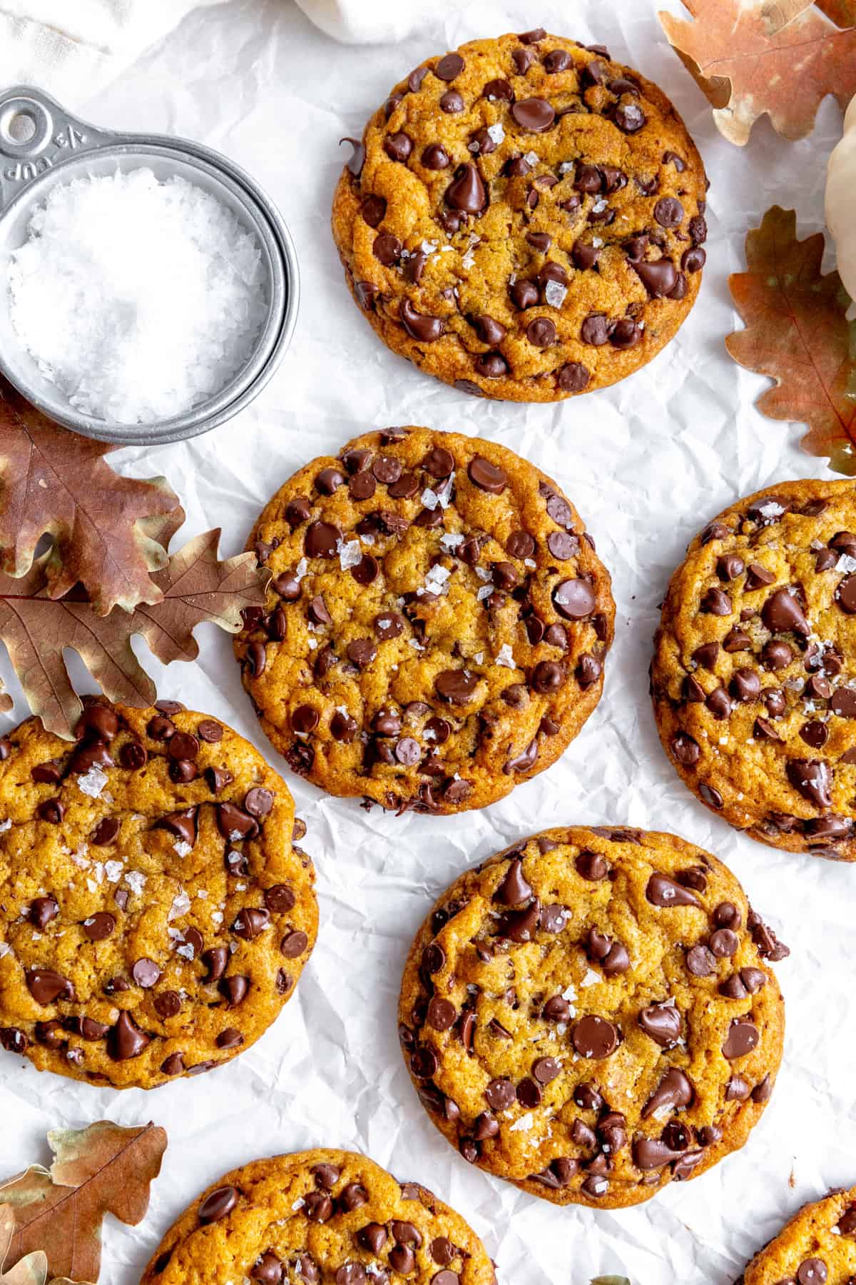 Pumpkin chocolate chip cookies and a linen napkin.