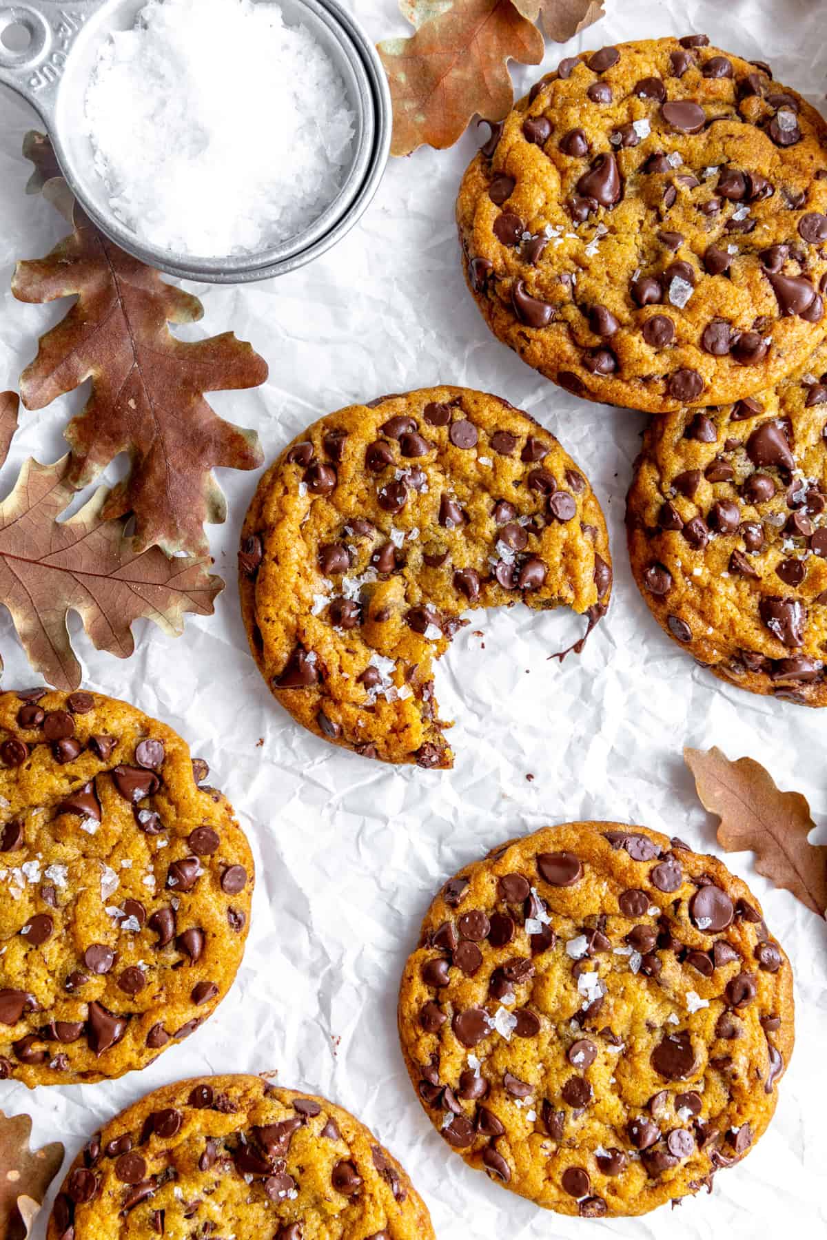 Pumpkin chocolate chip cookie with a bite taken out of it.