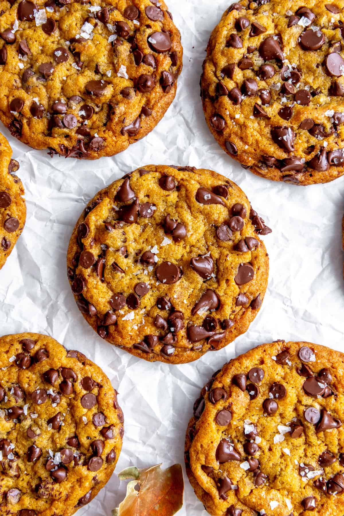 Pumpkin chocolate chips cookies topped with flaky salt.