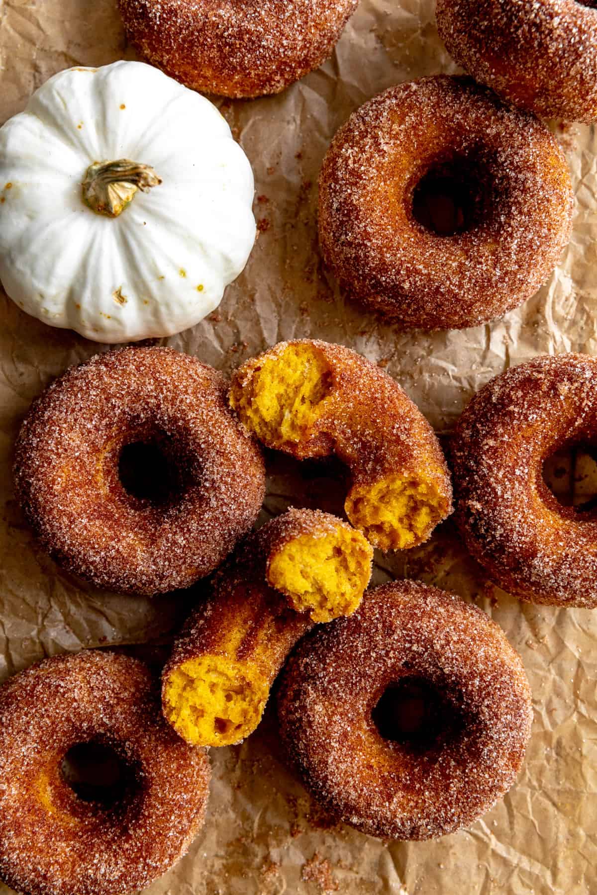 Pumpkin donut split in half and a white pumpkin.